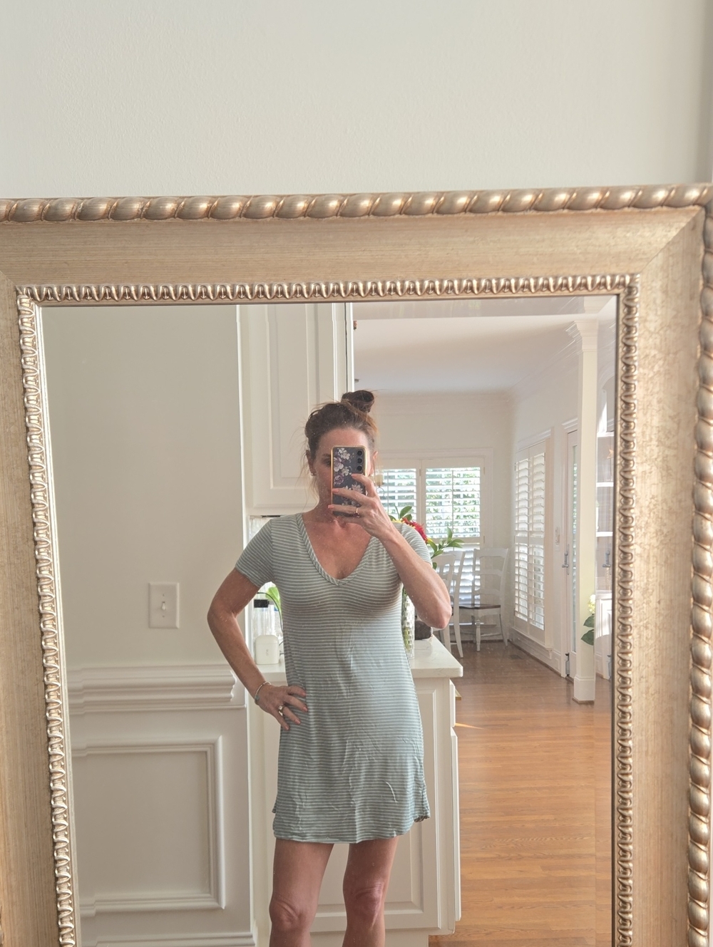 Striped V-Neck Short Sleeve Dress - Sage Green
